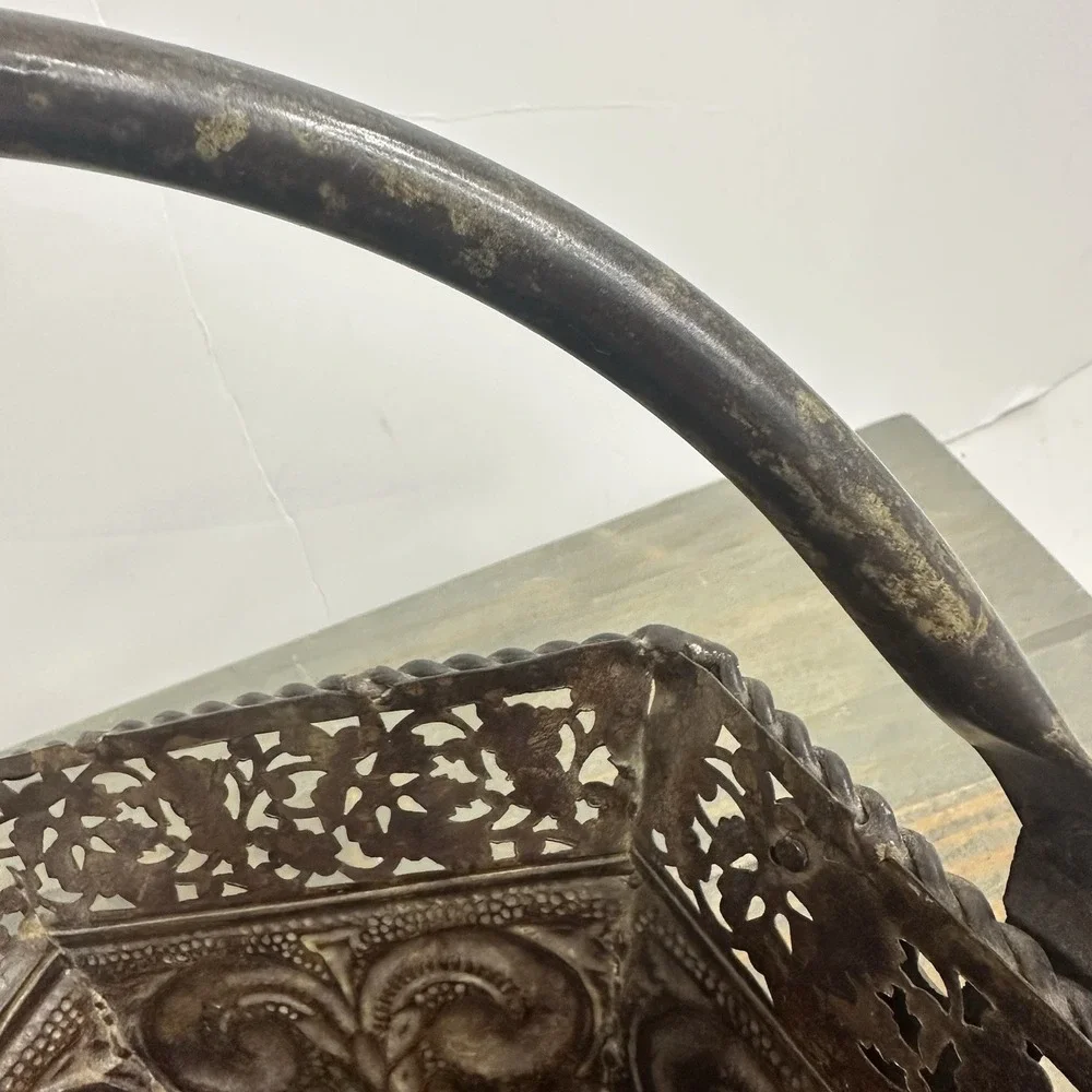 Vintage Antiqued Bronze Tone Metal Basket Ornate Swing Handle Fruit Wedding 10